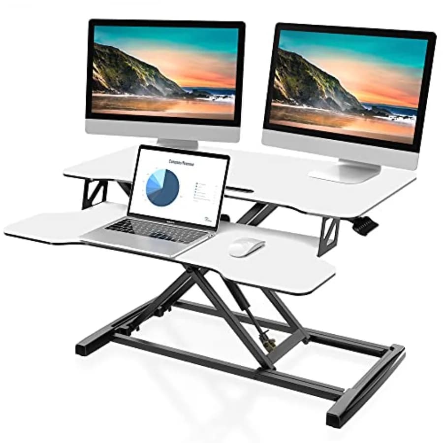 Scrivania Regolabile in Altezza per Ufficio Domestico: Telaio in Acciaio Bianco, Convertitore Sit-to-Stand da 32 Pollici con Supporto per Doppio Monitor e