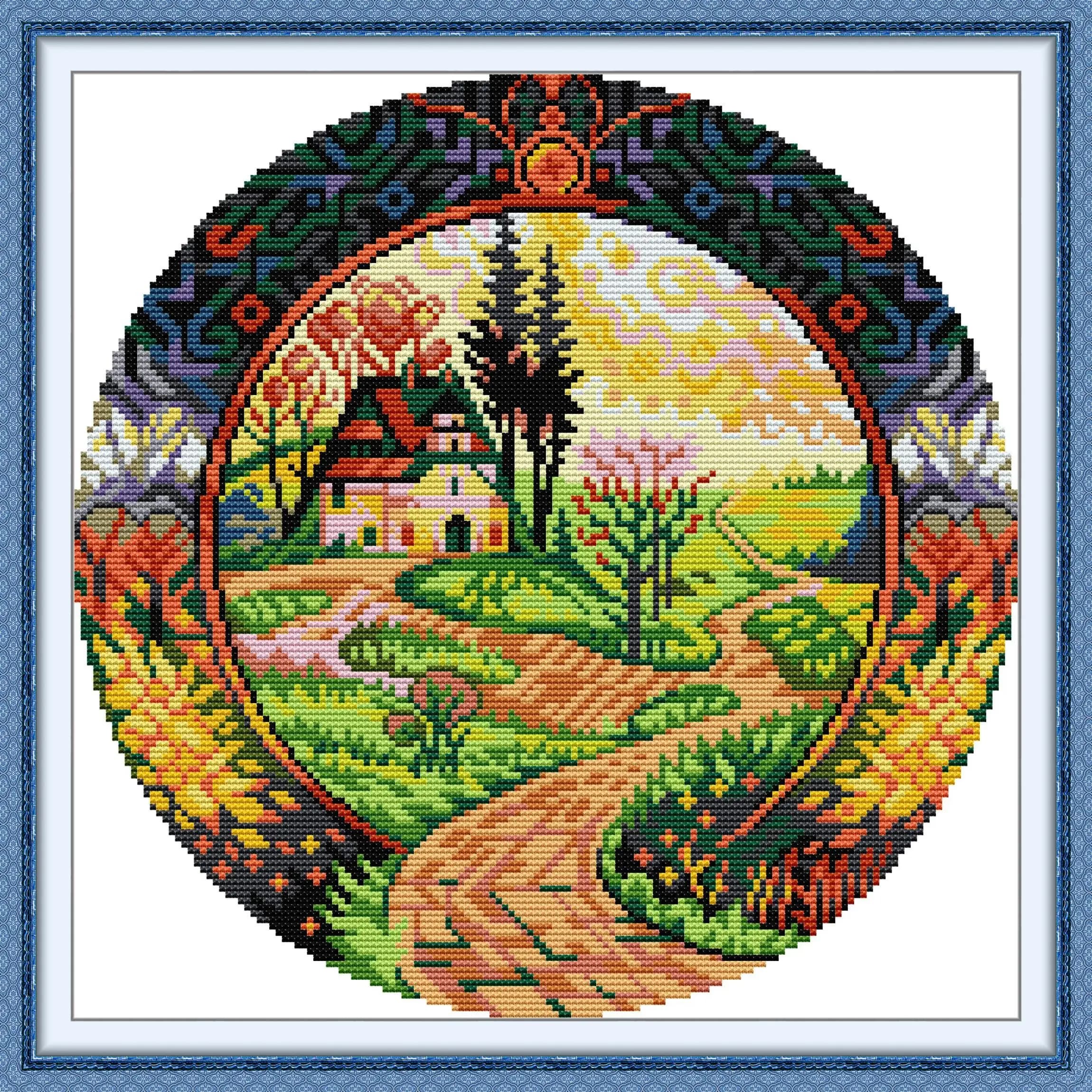 Soulgift News Pre-Printed Cross Stitch Kit, Stamped Aida Fabric with DMC Threads, Embroidery Kit - Circular Landscape – A Path