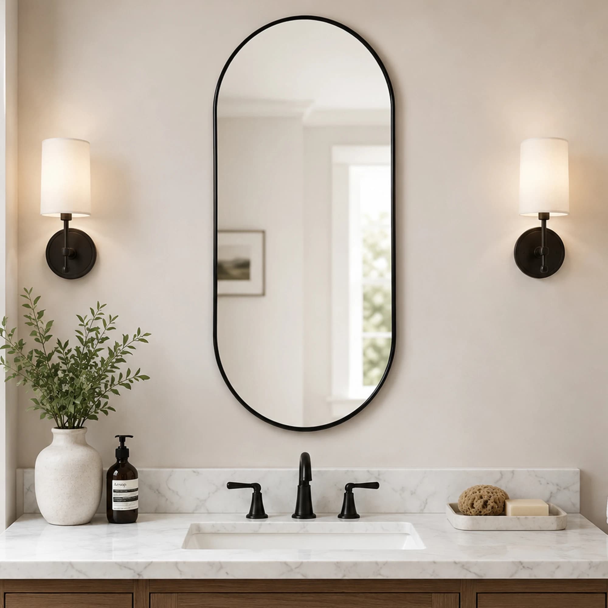 18x40 Inch Oval Bathroom Mirror, Black PVC Frame Wall Mounted Vanity Mirror, HD Shatter-resistant Decorative Mirror for Bedroom Living Room