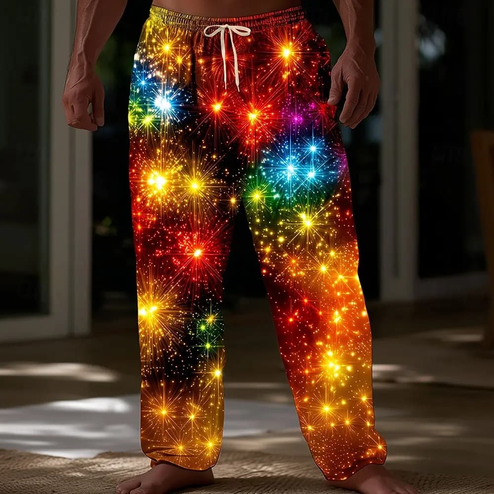 Christmas Men's Sparkling Glitter Christmas Light Pants Trousers Casual Pants Mid Waist Drawstring Casual Straight Leg Trousers