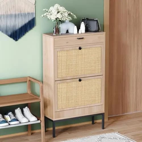 Shoe Rack Storage Organizer with 2 Natural Recular Rattan Do, Entryway Wooden Shoe Cabinet for Sneakers, Leather Shoes