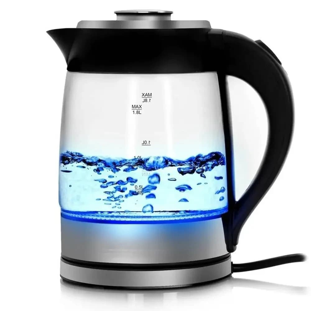 # l Glass Stainless Steel Tea Kettle Infuser LED Auto Shut Off 1.8L Electric Base Blue Light Drip-Free Removable Washable Filter