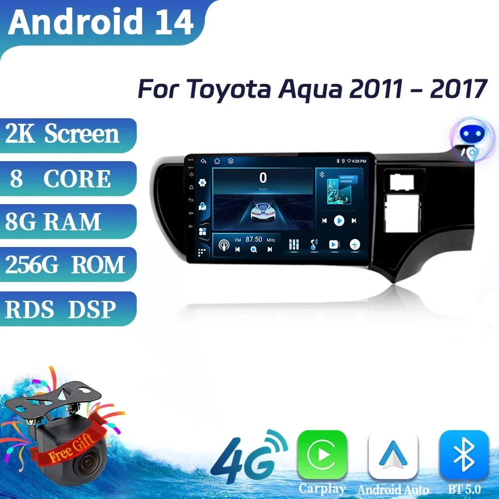 Car Radio Multimedia 4G GPS For Toyota Aqua 2011-2017 Android 14 Navigation Wireless CarPlay Display Touch Screen Stereo