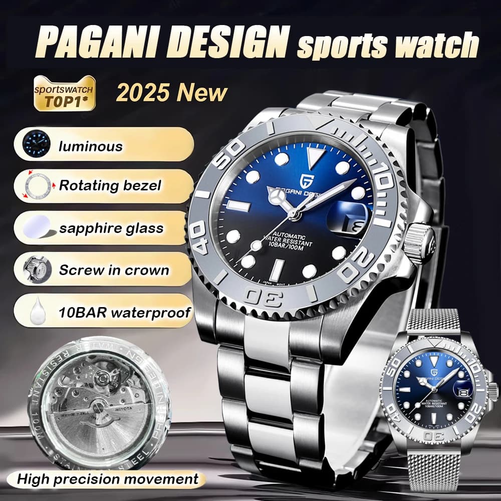 2025 PAGANI DESIGN Orologio sportivo stile Orologio meccanico automatico in acciaio inossidabile Orologio con anello esterno rotante impermeabile per uomo