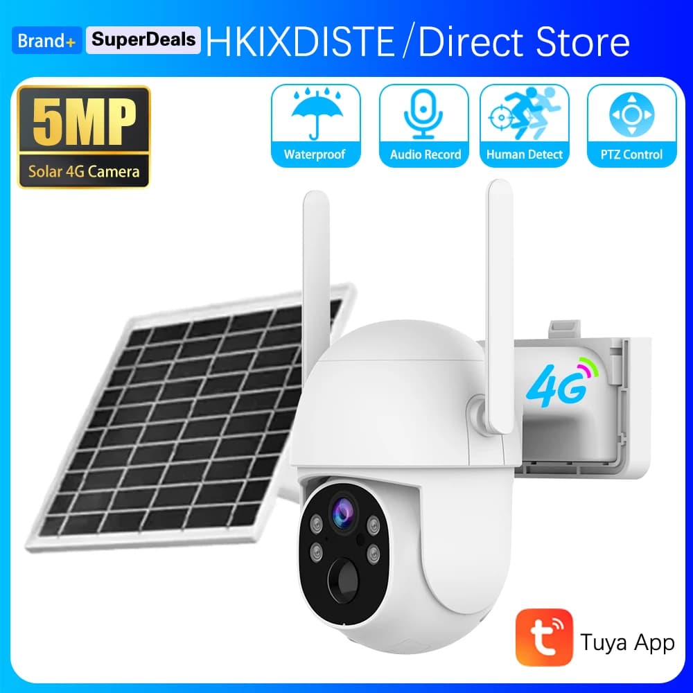 Telecamera di sicurezza intelligente 5MP Tuya Smart Life Home 4G solare con un anno di dati gratuiti, sorveglianza, rilevamento PIR, PTZ, impermeabile IP66.