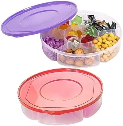 Set of 2 Rolling Containers in Plastic 10 Inches with Covers, Tray for Snacks with 6 Parts