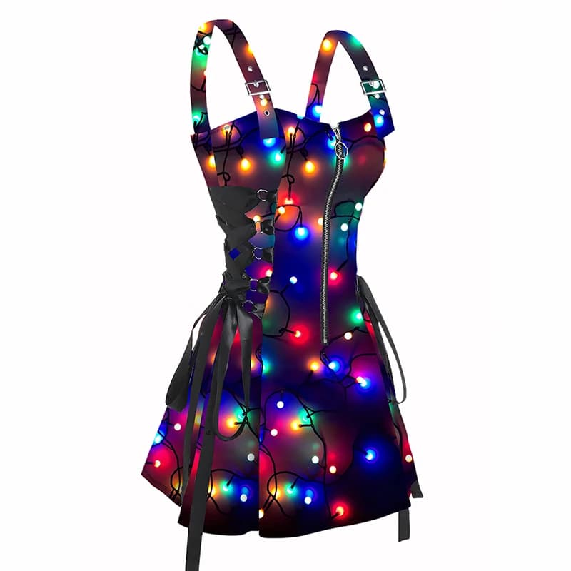 Dressfo 2025 Abiti senza maniche da donna Stringa leggera colorata Stampa allover Mini abito con cinturino con fibbia e mezza cerniera
