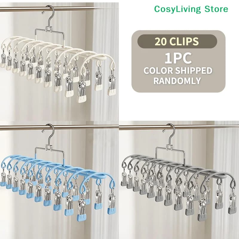 Stendibiancheria con 20 clip antivento in acciaio inossidabile, appendiabiti multi-clip per biancheria intima e calzini, per balcone