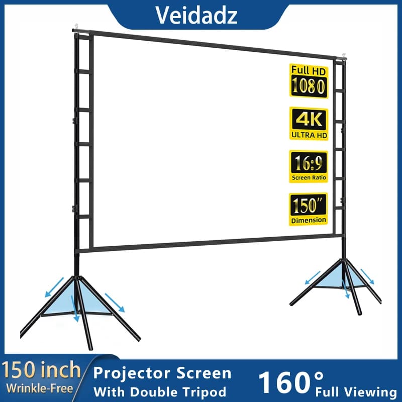 VEIDADZ Schermo del proiettore con supporto bianco antirughe angolo di visione di 160 ° schermo bifacciale da 60-150 pollici Home Theater all'aperto