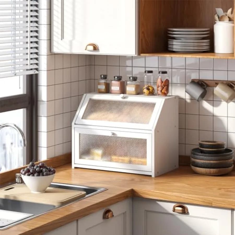 Contenitore per Pane da Cucina a Doppio Strato, Scatola Portapane da Bancone Stile Rustico con Finestre a Motivo Diamantato