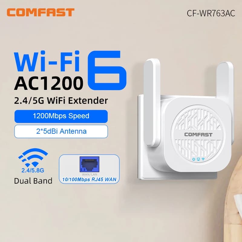Comfast Ripetitore WiFi Gigabit 2.4G/5.8G 1200Mbps Wireless con Modalità Router/AP/Bridge per Grandi Case/Ville 2 * 5dBi