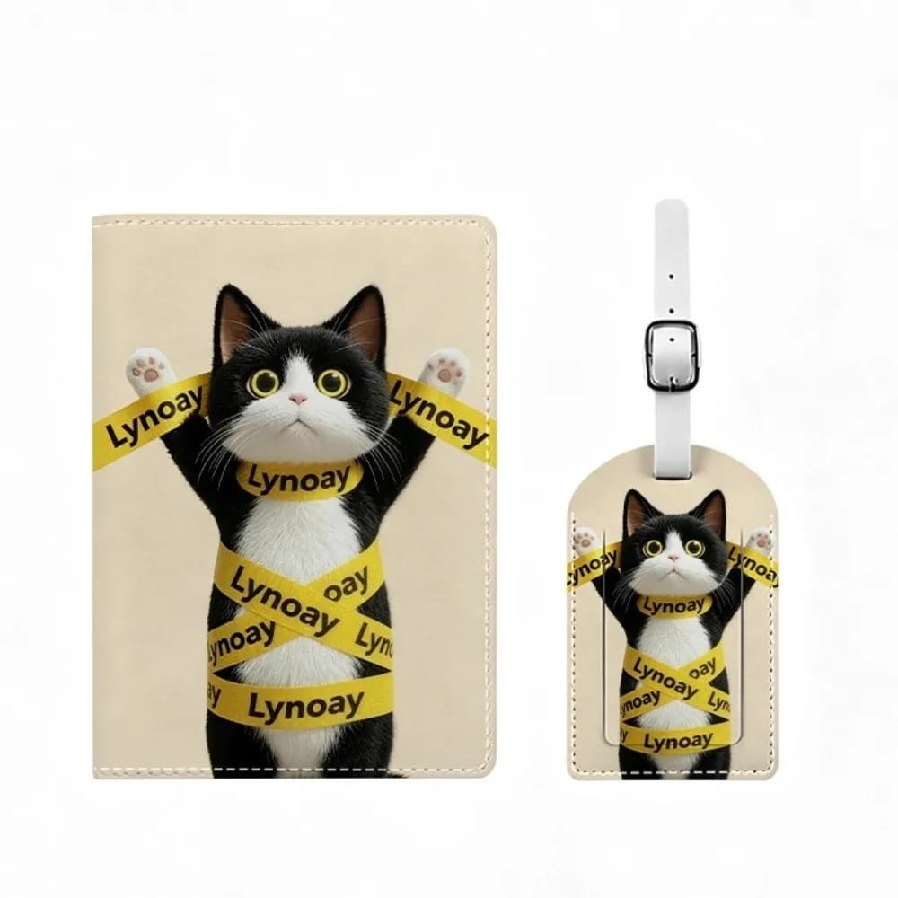 PU Leather Passport Bag Passport Tag Set Luggage Tag Koala Kitten Pattern Women's Purse Wallet Lightweight Multi Card Slots