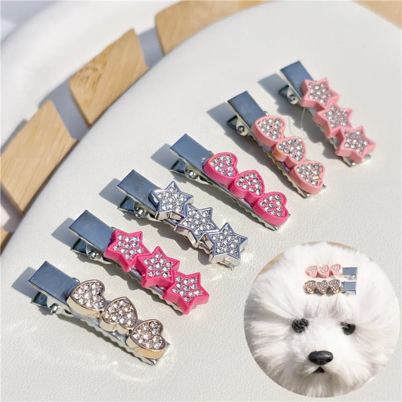Fermaglio per capelli a forma di cuore con diamanti e stelle scintillanti per cani, accessorio per toelettatura, clip per capelli, copricapo per animali domestici, forniture per animali.