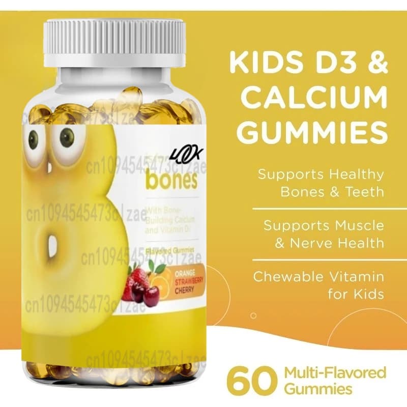 Caramelle gommose al calcio e vitamina D per bambini - Integratore di calcio da 250 mg, vitamina D3 - Supporta ossa e denti sani (60 pillole)