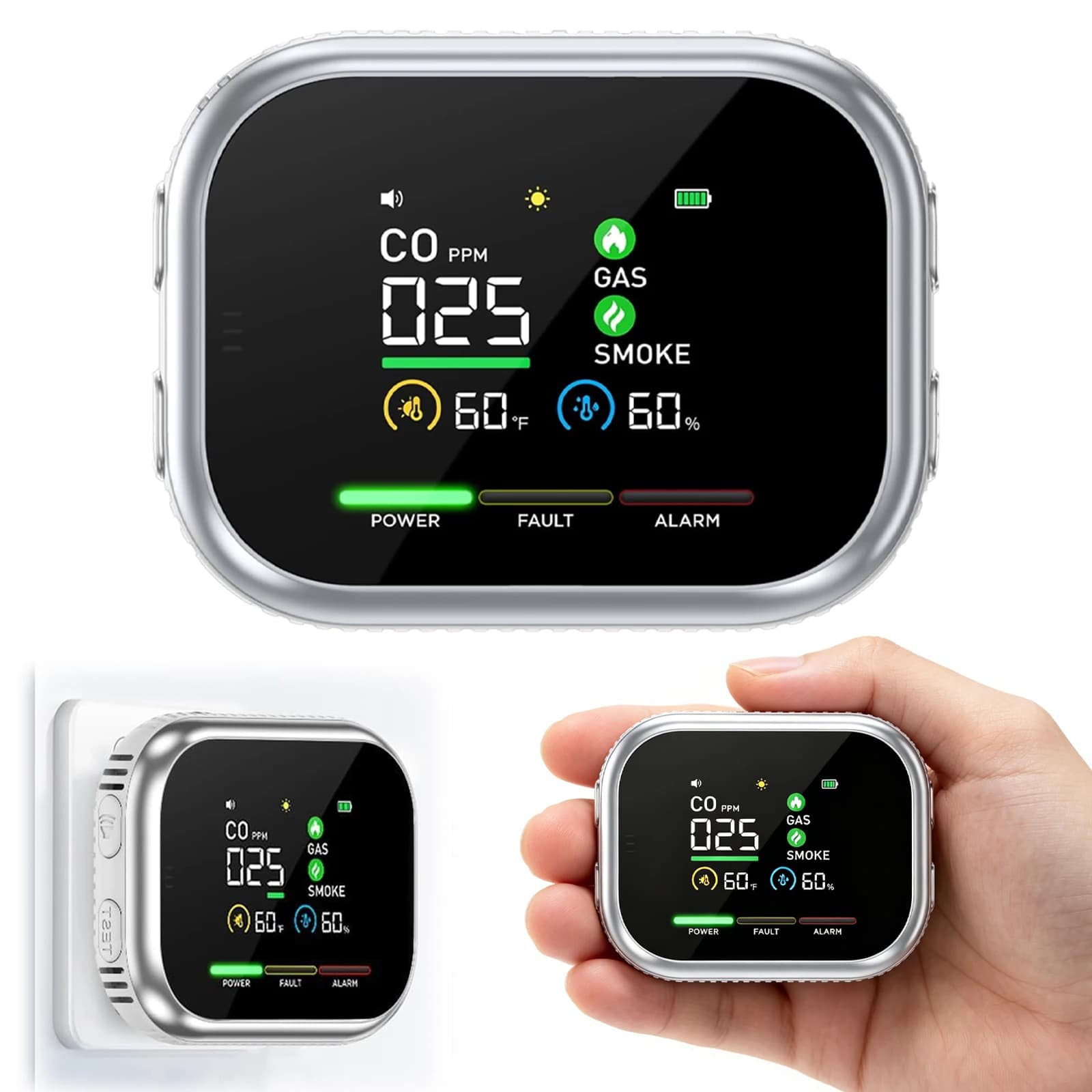 5 In 1 Carbon Monoxide Detector with Large LCD Display & Alarm Temperature and Humidity Monitor For Home RV Car Apartment Travel