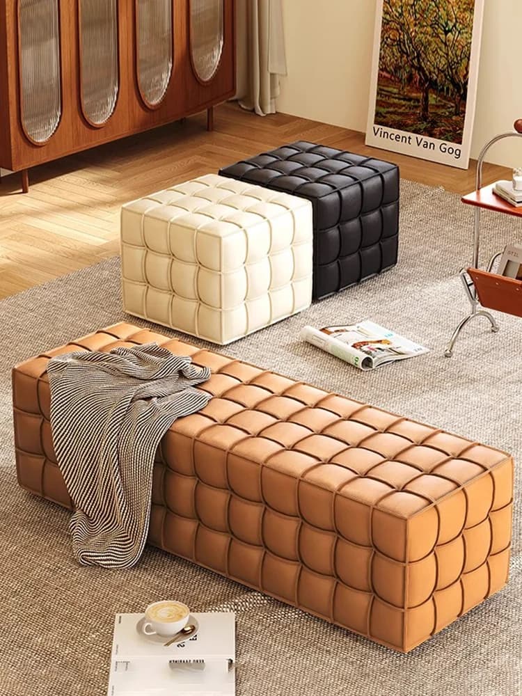 Sgabello Cubo di Lusso Leggero, Poggiapiedi Quadrato in Pelle per la Casa, Sgabello da Toeletta in Pelle con Base in Legno o Pietra, Sgabello per Scarpe da Soggiorno