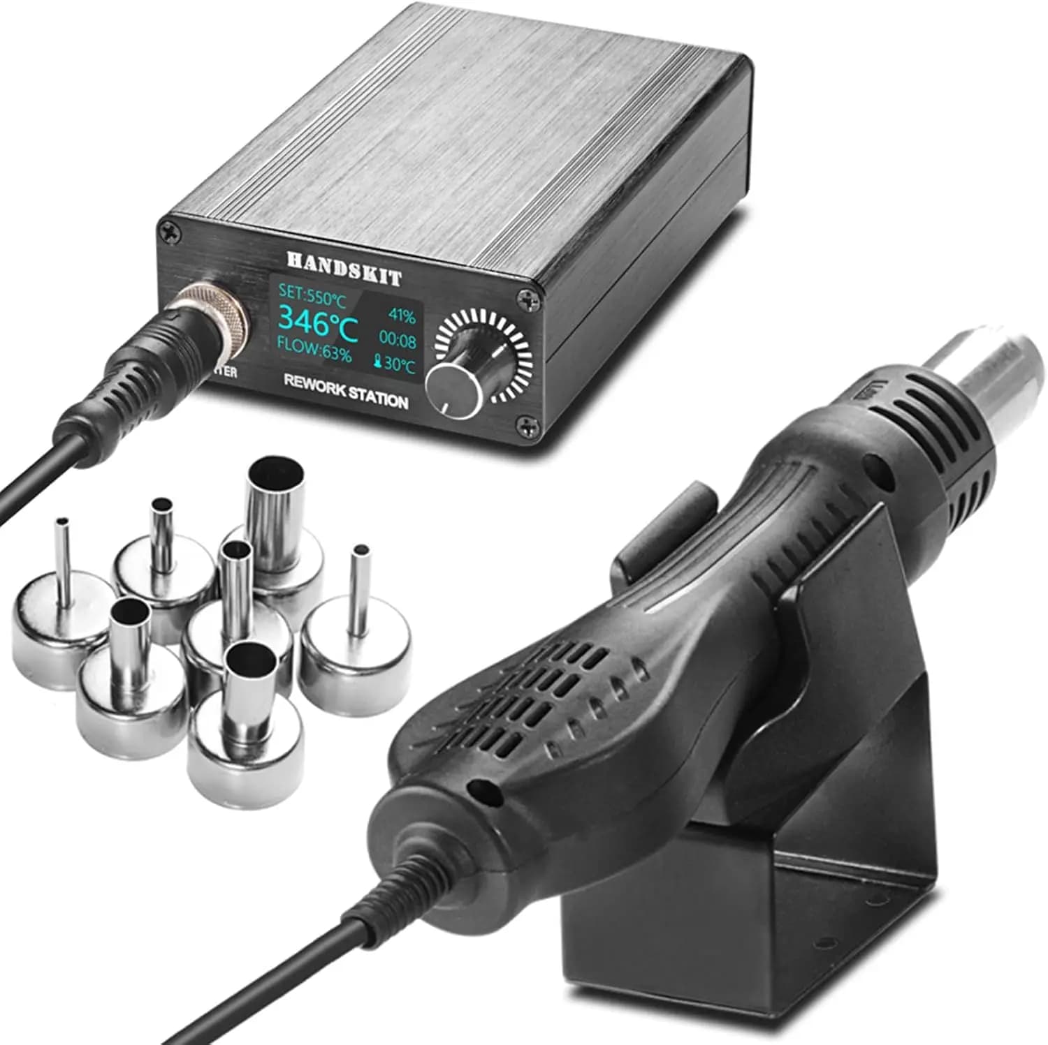 Stazione di Saldatura con Aria Calda a Temperatura Regolabile con Display Digitale, 7 Ugelli, Kit Pistola Termica per Saldatura SMD 700W