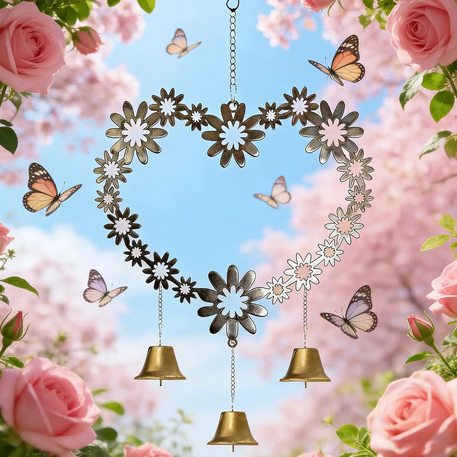 Heart Wind Chimes Romantic Hollow-Out Metal Pendant With Flower Design Heart Wind Spinner For Mother Memory Dad Indoor Valentine