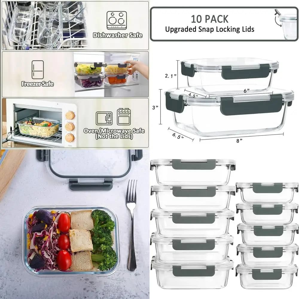 Set di preparazione dei pasti in vetro da 10 pezzi con coperchi ermetici, contenitori a prova di perdite per microonde, cottura al forno, congelamento e lavaggio
