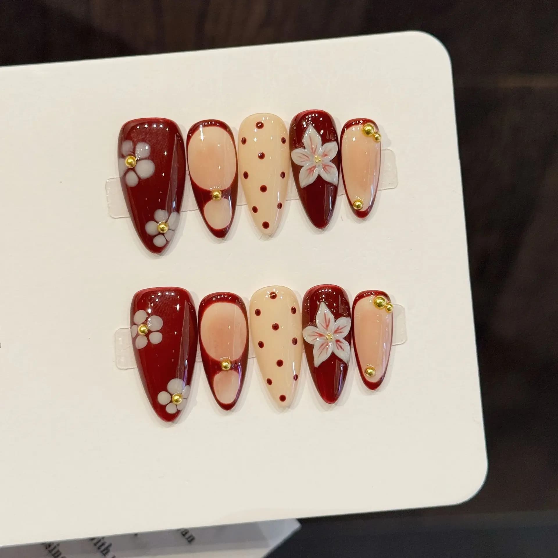 10 pieces handmade print of red almonds on nails cut 3D petals design fake nails detachable sweets French tips for fake nails