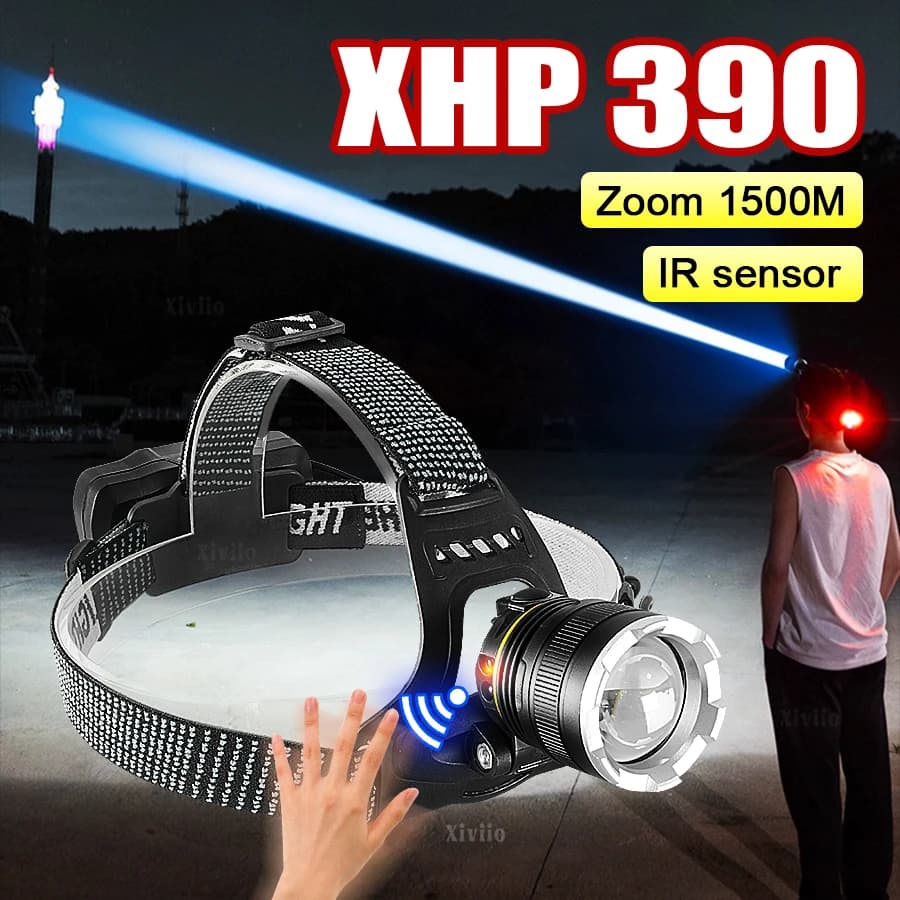 XHP390 3000000LM ULTRA PROPRIETÀ PROPRIETÀ LUNGA LONGATTURA 1500M con fari da pesca del sensore IR 18650 Flash ritmo di testa ricaricabile