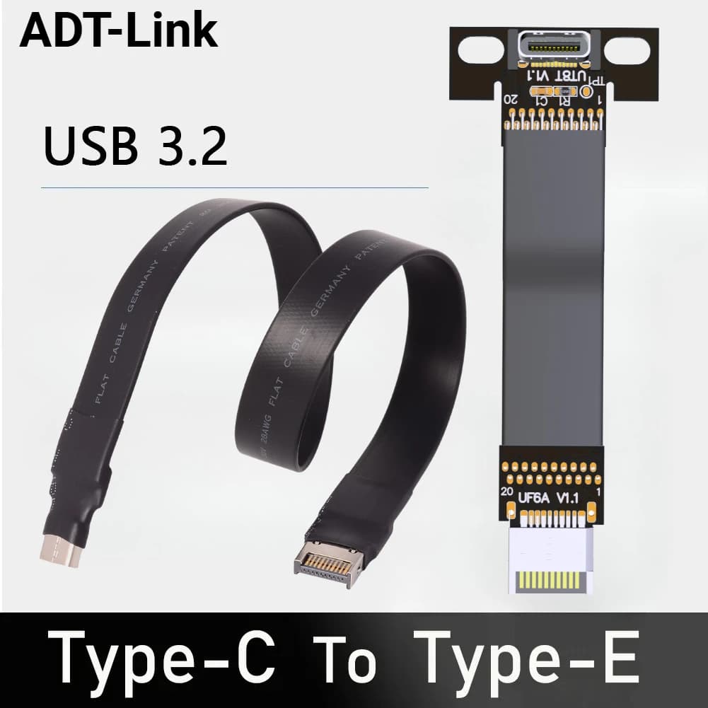 ADT FPV USB 3.2 GEN2x2 Type C To Type E Extender 20Gbps Internal USB 3.2 Shielded Ribbon Flat Cable Up/Down Angled for Mainboard