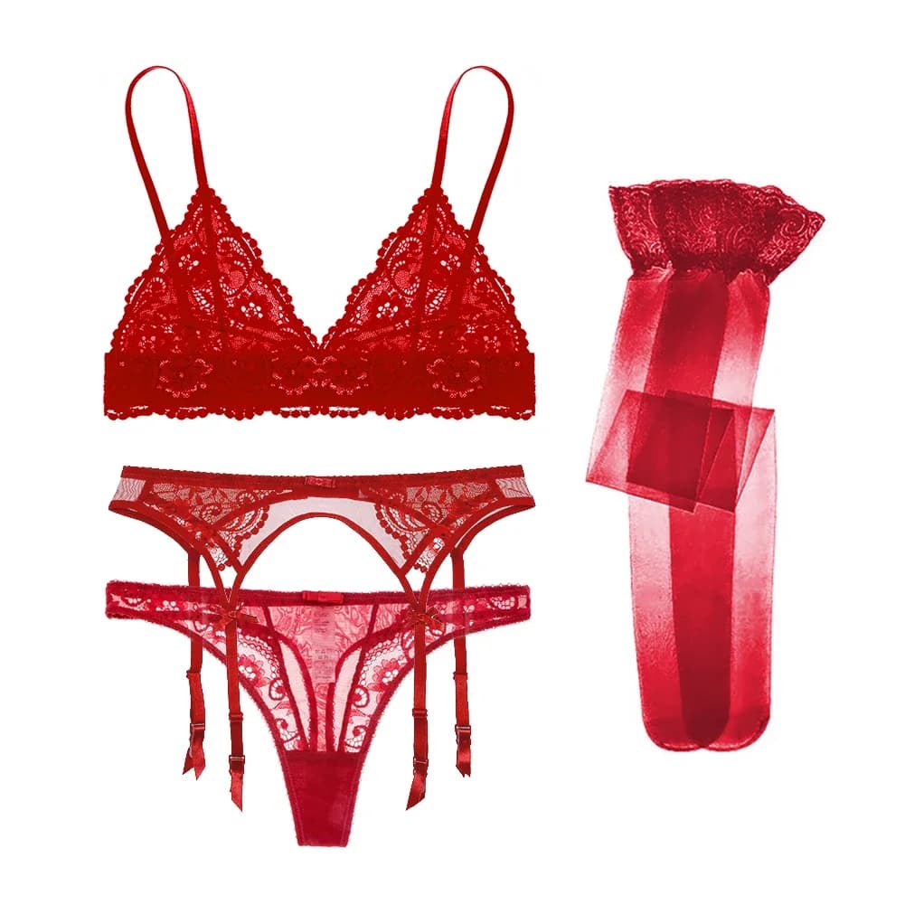 Varsbaby Set reggiseno intimo donna Lady Lingerie Reggiseno estivo in pizzo + slip + giarrettiera + calze