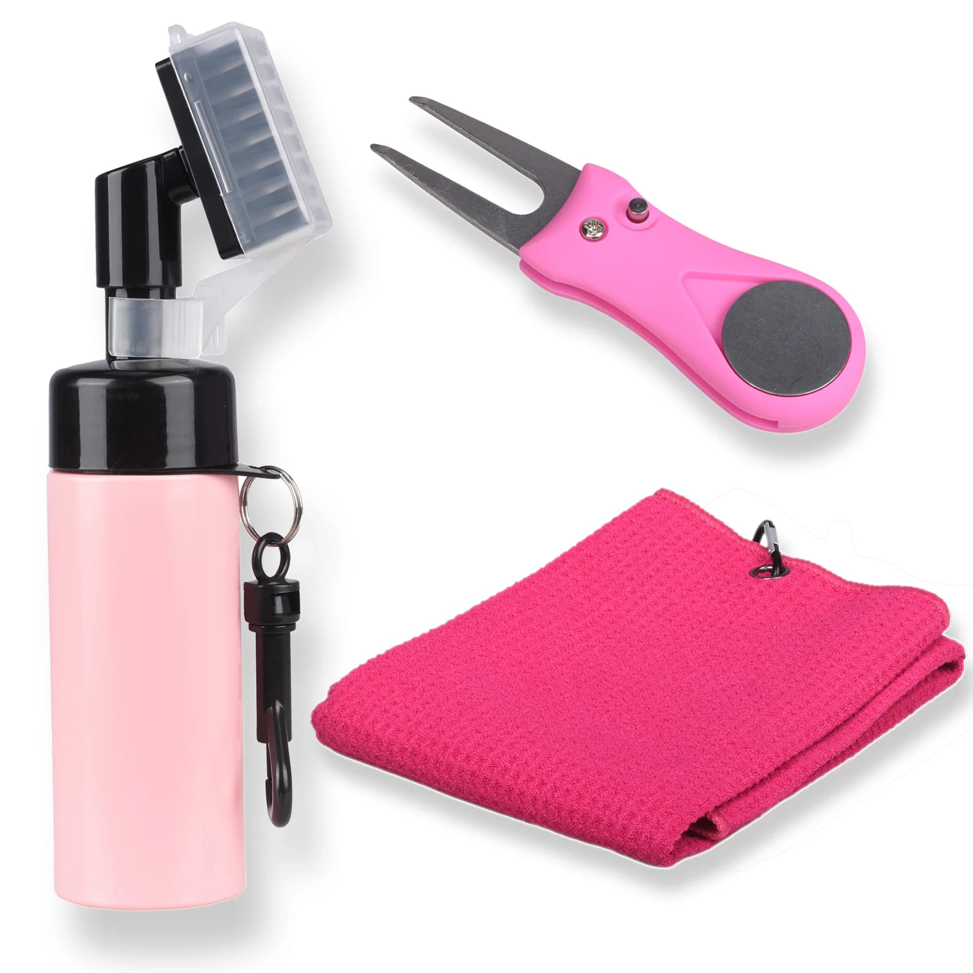Set di asciugamani e spazzole da golf Asciugamani in microfibra per sacche da golf Kit di pulizia da donna con pennarello per palline Spazzola per attrezzi da golf Divot, rosa
