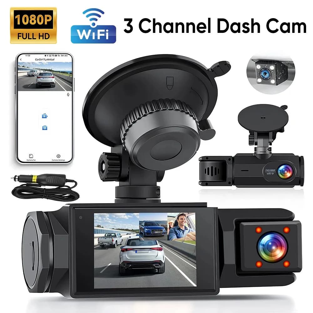 1080P dashboard camera for cars, triple lens Dashcam, WiFi, DVR for cars, front, internal and rear camera, loop recording, G sensor, 2.0 inch recorder