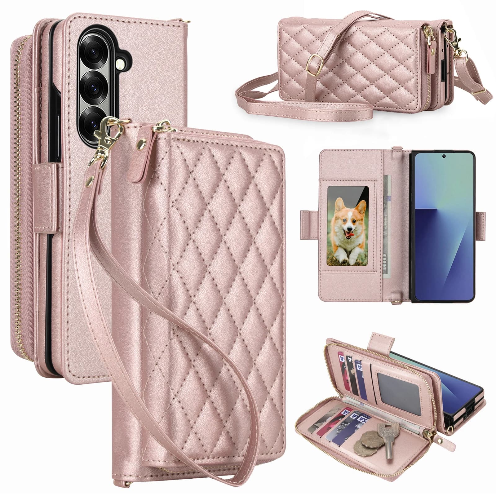 Elegante custodia a tracolla in pelle con slot per carte e funzione stand per Samsung Z Fold 3 4 5 6 7, antiurto, effetto pelle.