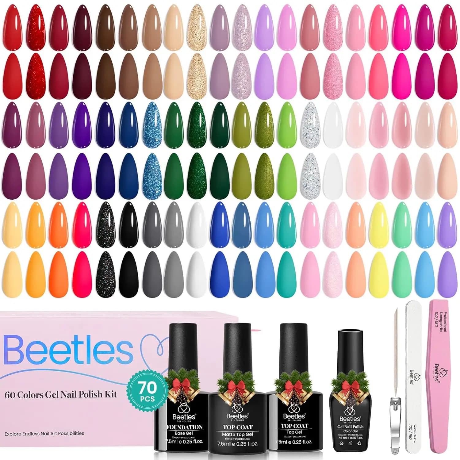 Kit di smalti gel invernali da 70 pezzi, 60 colori, con base e top coat per principianti, regali di Natale per saloni fai da te