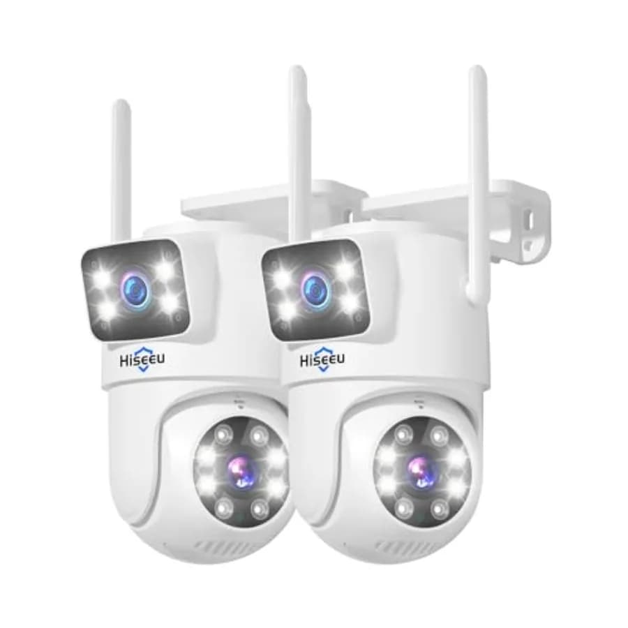 Telecamera di sicurezza wireless da esterno con doppia lente PTZ, tracciamento del movimento, visione notturna a colori, WiFi 5G/2.4G, senza costi mensili, alimentazione via cavo.