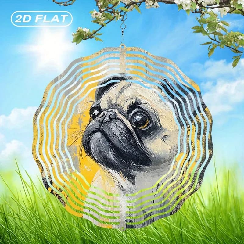2D Flat, Bohemian Metal Pug Dog Wind-Powered Rotating Dream Catcher Wind Chime - Wind-Powered Rotating Painted Glass Wind