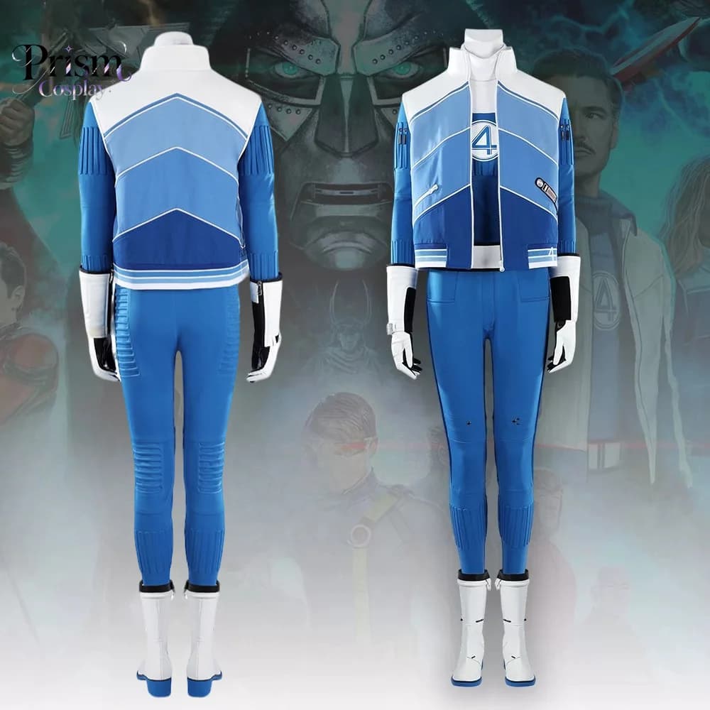Invisible Woman Cosplay Costume Full Set Blue White Zip‑Up Jacket Jumpsuit With Gloves Superhero Halloween Comic‑Con Outfit