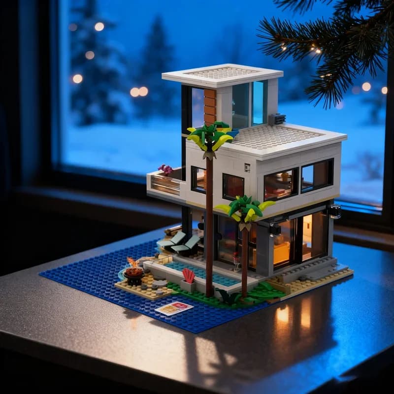 971 pz MOC Moderna Casa Da Spiaggia Modulare Modello Building Blocks Architettura Giocattolo Assemblare Idea Regalo Di Natale Educazione Mattoni