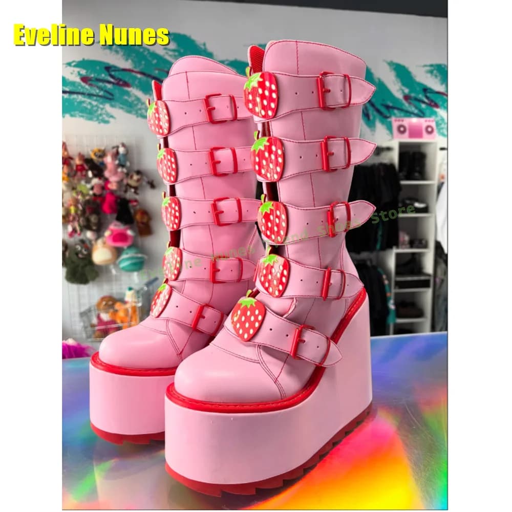 Pink Strawberry Button Platform Boots Round Toe Wedge Thick Sole Y2K Street Style Couple Knee High Boots 2025 Autumn Shoes Trend