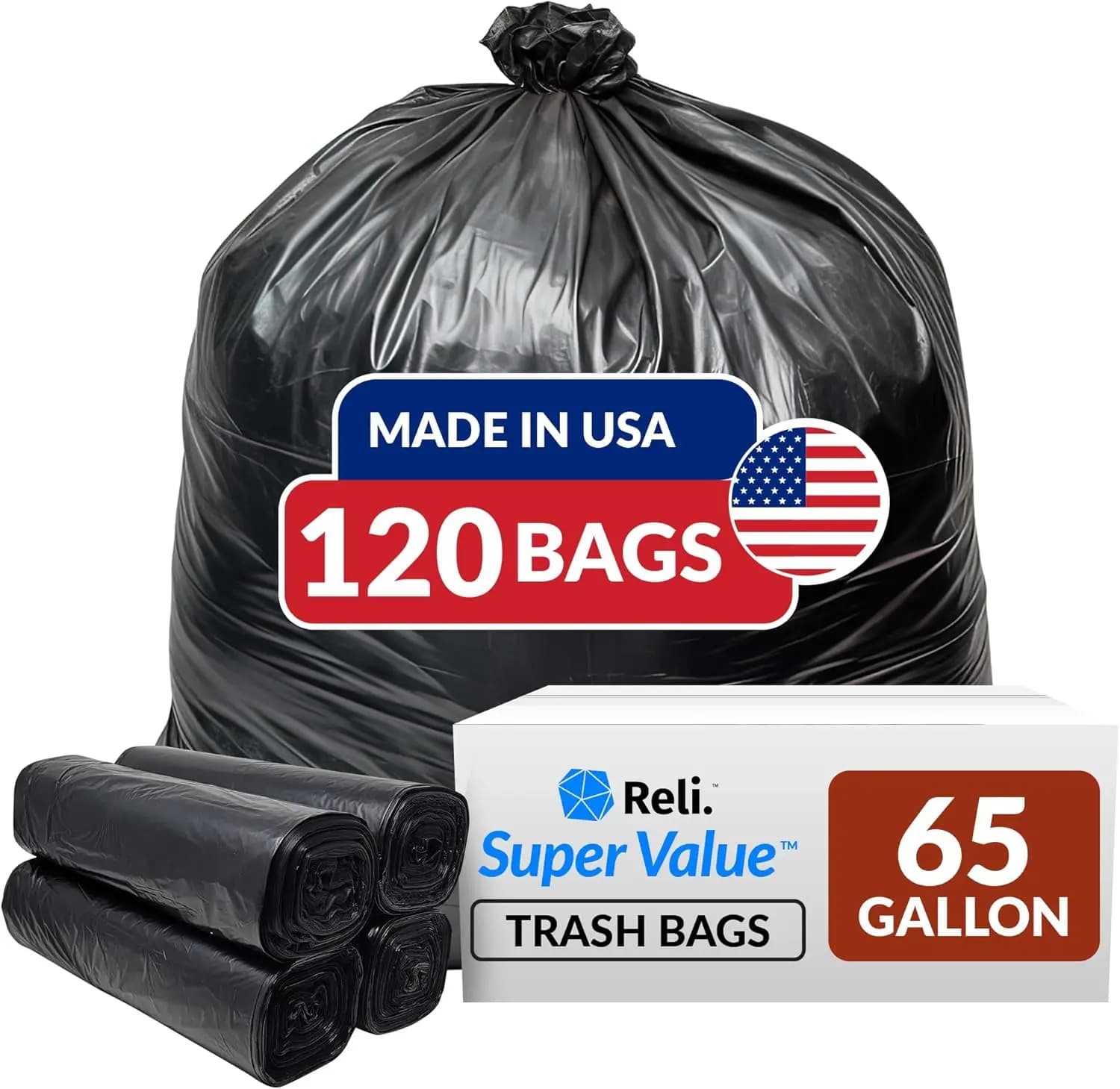 Sacchi per la Spazzatura Resistenti da 65 Galloni, Confezione da 120, Prodotti negli USA, Sacchi Neri Multiuso per Grandi Contenitori Esterni