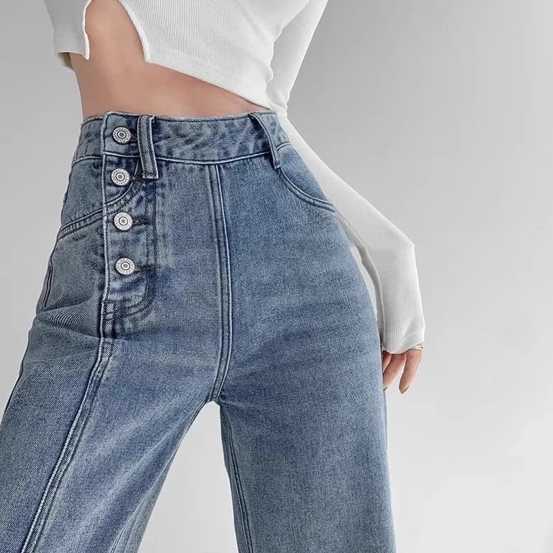 Jeans a vita alta Pantaloni larghi da donna a gamba dritta Pantaloni in denim a gamba larga drappeggiati