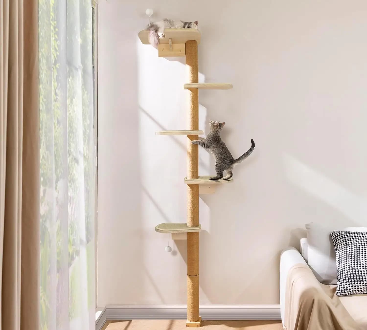 Torre Arrampicata per Gatti a 5 Livelli da Parete con Piattaforme in Sisal, Mensole Girevoli per Gattini per Tirare e Giocare