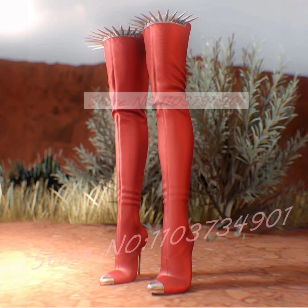 Punte lunghe Punta metallizzata Stivali sopra il ginocchio Donna Rivetto sexy Punta a punta Rosso 13CM Stivali con tacco extra sottile Calzature da festa per donna
