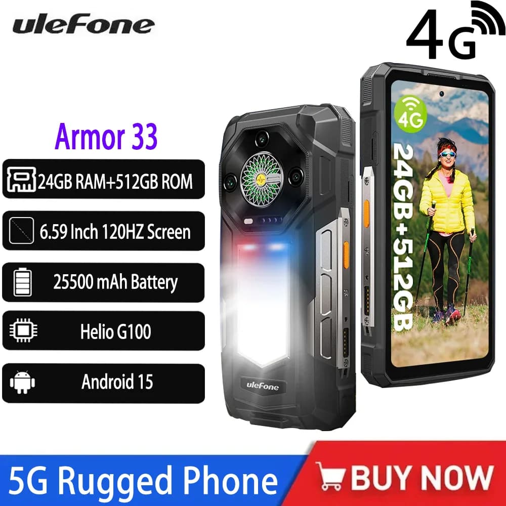Versione globale Ulefone Armor 33 Telefono robusto 4G 25500 MAh 512 GB ROM 24 GB RAM 120 Hz 6,59 "NFC Helio G100 Smartphone Android 15