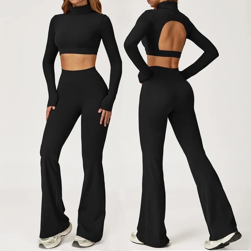 VITALINO Women's training set in 2 pieces Open turtleneck on the back Top long sleeves with high waisted leggings padded gym set