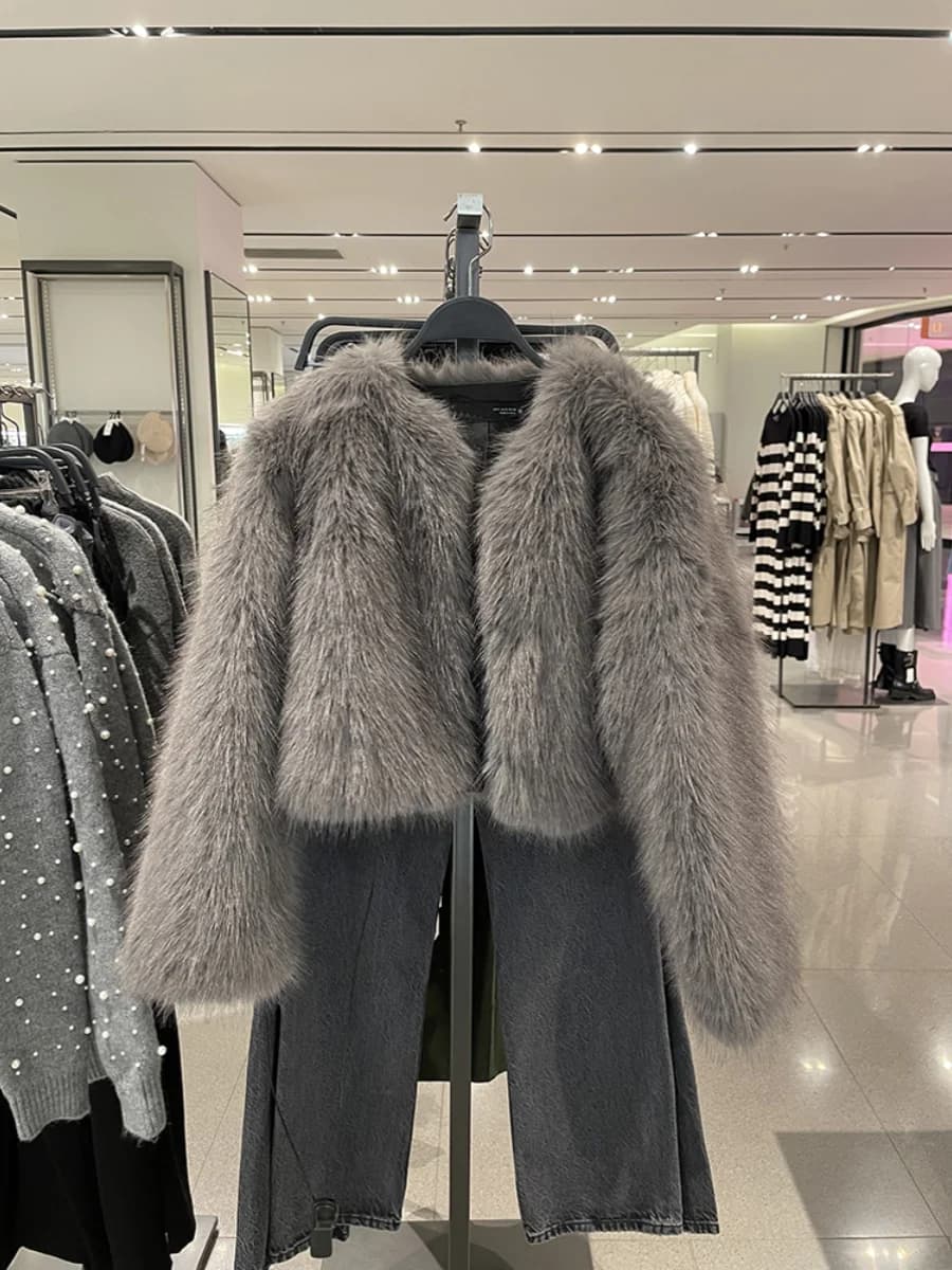 Elegant Short Artificial Fur Jacket Women's Loose Fit Autumn Winter New Style Sweet Style round Neck Long Sleeve Coat