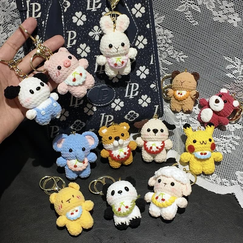 Handmade Hook Chenille Amigurumi DIY Finished Crochet Cute Animal Doll Keychain Charm for Holiday Gifts Knitting Craft Decora