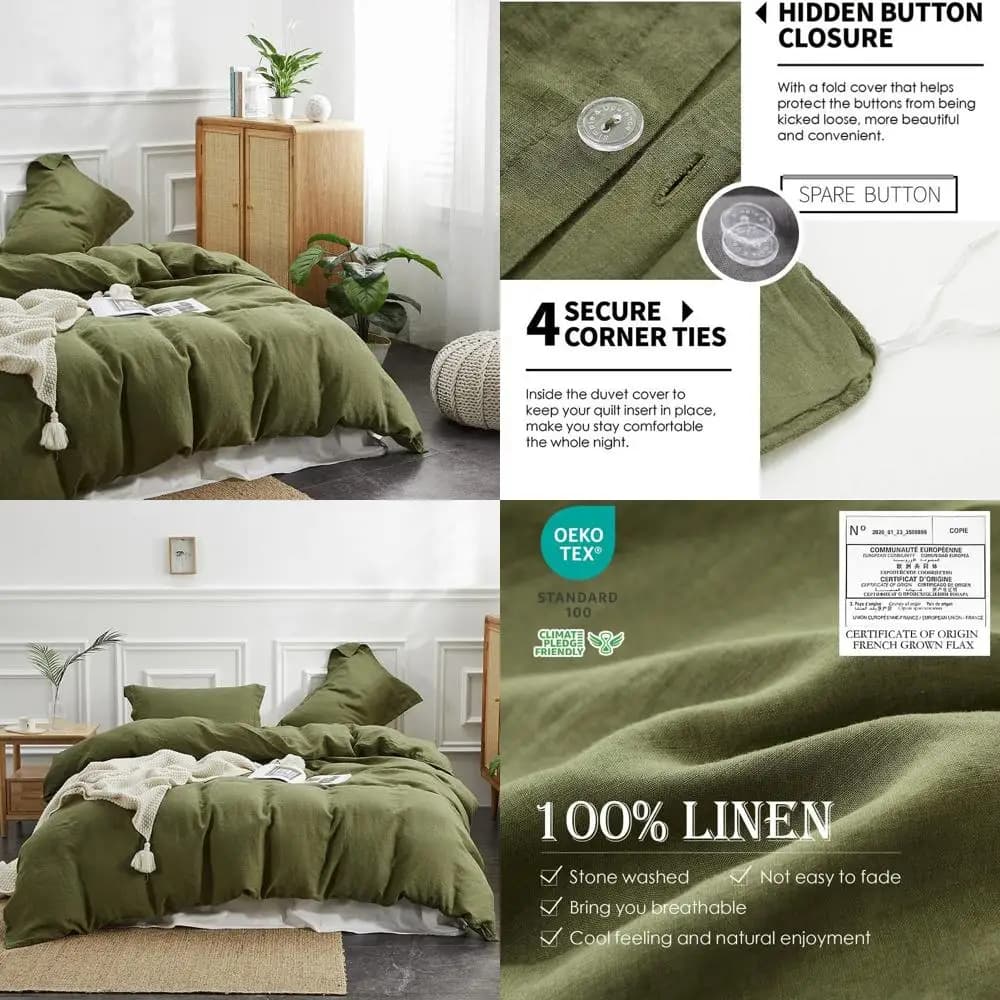Set copripiumino in lino verde oliva - 100% lino francese naturale, traspirante, chiuso con bottoni, taglia queen