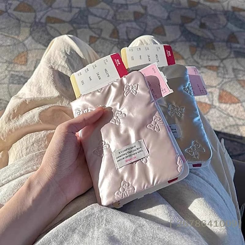 ⚑Cute Quilted Bow Passport Cover,Puffer Satin Travel Wallet,Embroidered Quote Passport Holder for Women