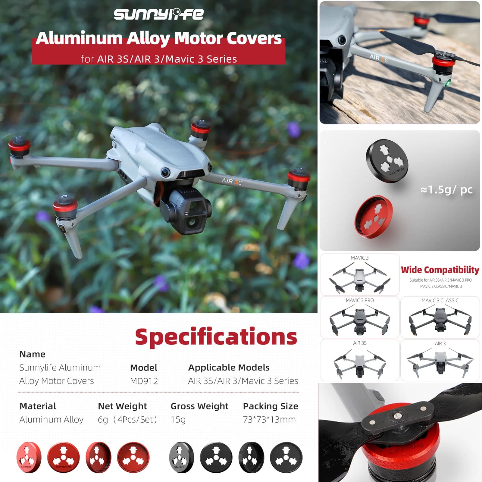 Sunnylife Aluminum Alloy Motor Cover For DJI AIR 3S/AIR 3/MAVIC 3 PRO/MAVIC 3 CLASSIC/ MAVIC 3 Motor Cover Drone Accessoies