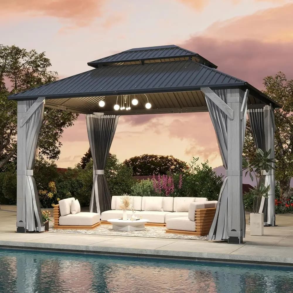 10x12 Outdoor Wood Gazebo with Galvanized Steel Roof, Curtains & Netting for Patio or Deck