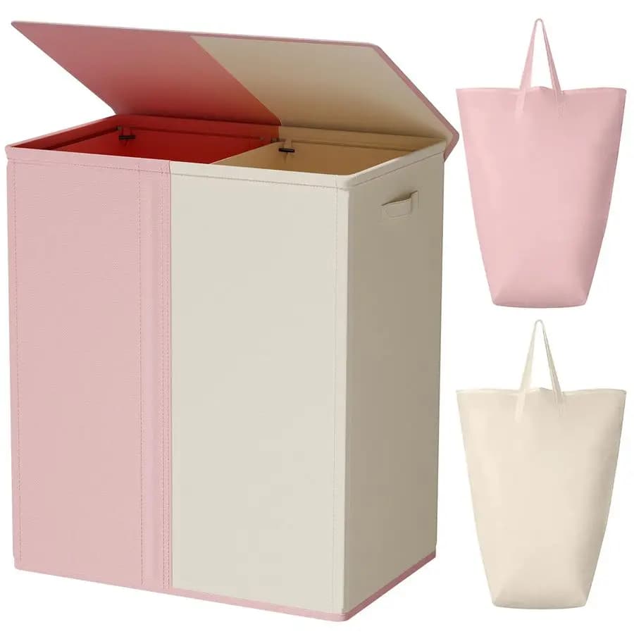 Double linen basket with cover and removable linen bags, 154 litre large linen basket, 2 sections folding clothes basket