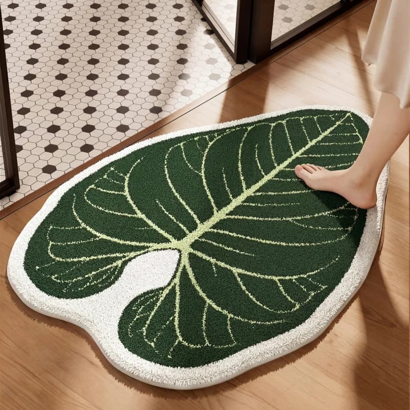 Tappetino da pavimento in peluche a forma di foglia irregolare, assorbente e morbido, tappetino rinfrescante per il bagno, tappetino da bagno facile da pulire